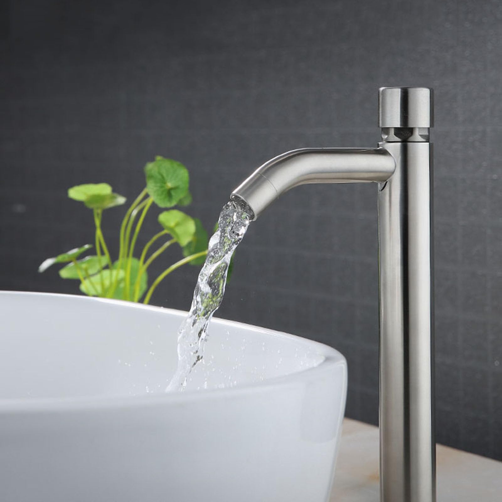 Grifo Lavabo Pulsador Agua Fria Cepillado Grifo de Baño Caño Alto Acero Inoxidable,Cepillado