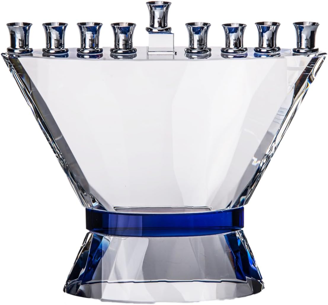 Blue Belt Crystal Hanukkah Menorah - Chanukah Menorah for Jewish Holiday - Perfect Judaica Gift for Bar Mitzvah, Bat Mitzvah, Jewish Wedding - Handcrafted Clear and Blue Crystal - 6.5"x2.0"x6.5"