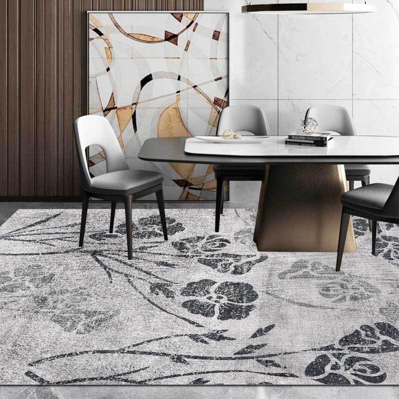 Grand tapis moderne motif floral noir et blanc 180x250 lavable antidérapant chambre