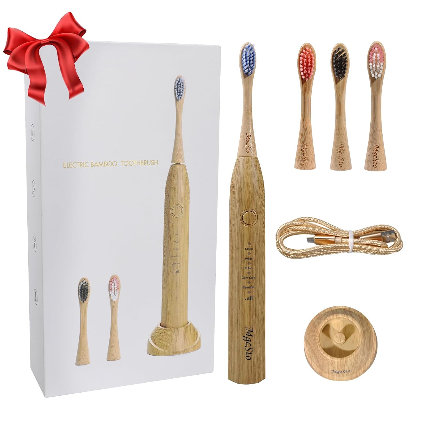 Electric Bamboo Toothbrush Sonic Toothbrush - 4 Replaceable Bamboo Brush Heads Eco-Friendly IPX7 Waterproof Electric Toothbrush One-Button Switch