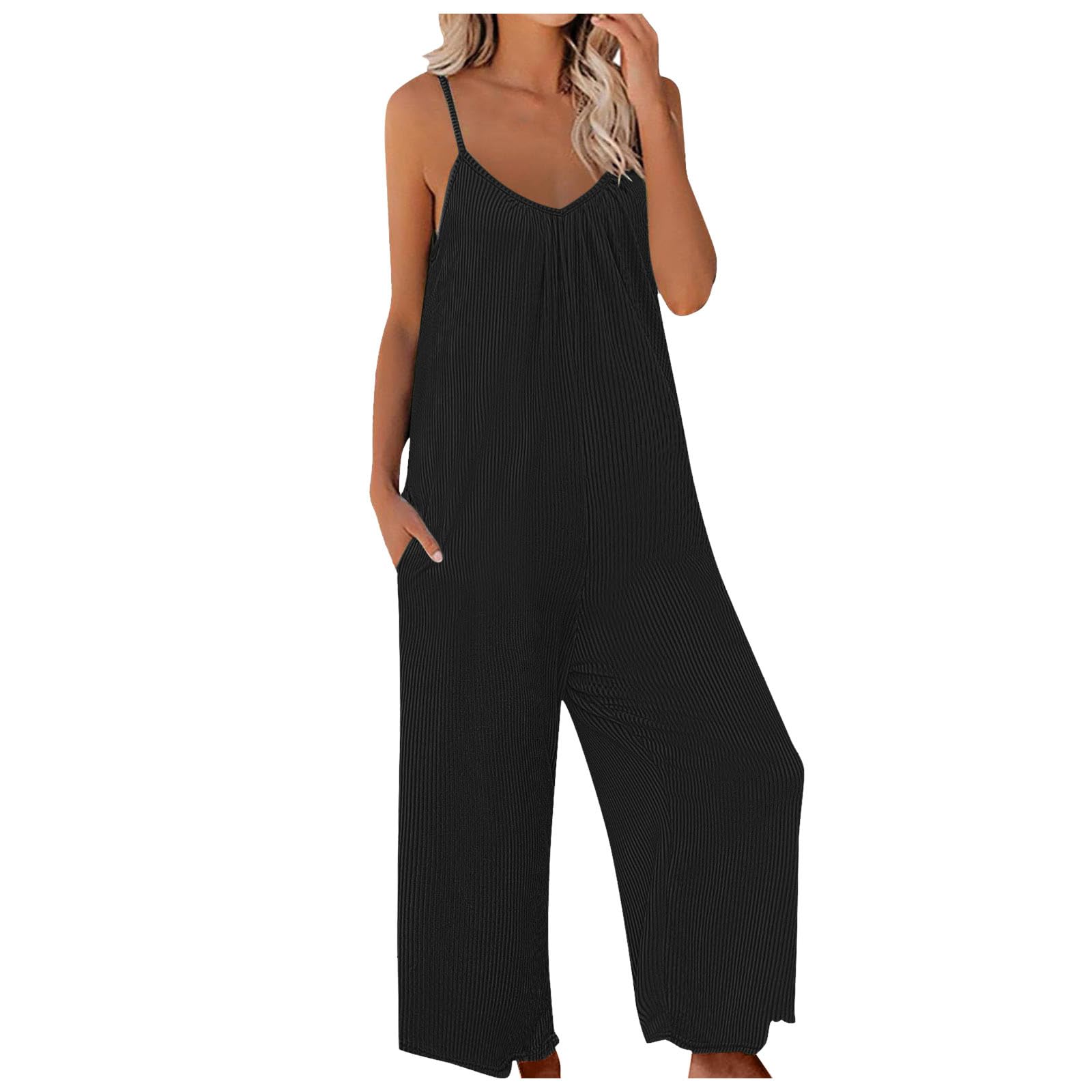 KBOPLEMQ Peto para mujer, pantalones de trabajo, sin mangas, informales, holgados, holgados, con tirantes delgados, monos de gran tamaño, pantalones largos con bolsillos, 2024, monocolor