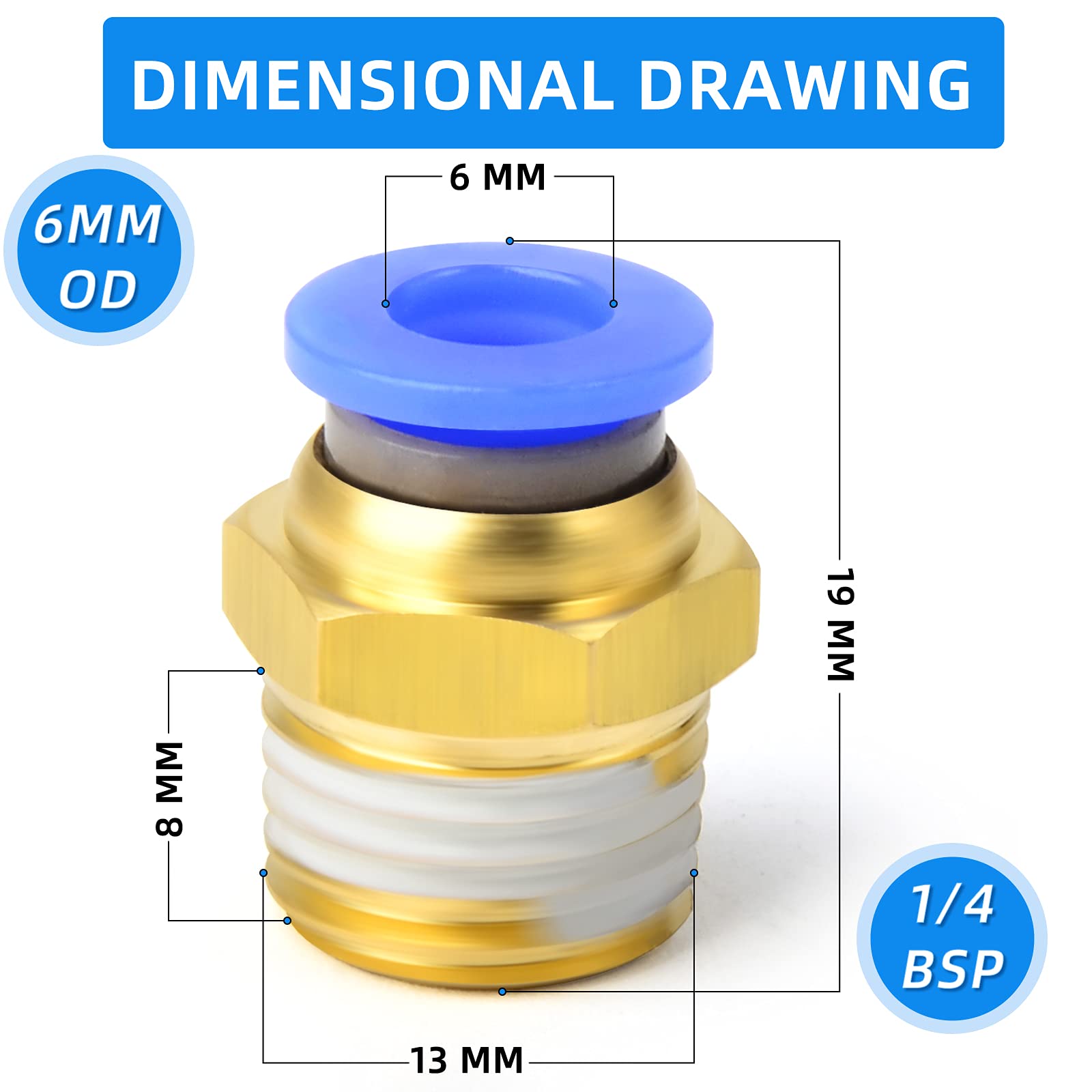 10 pezzi 6mm tubo OD x 1/4 BSP maschio dritto per collegare pneumatico raccordi (PC6-02)