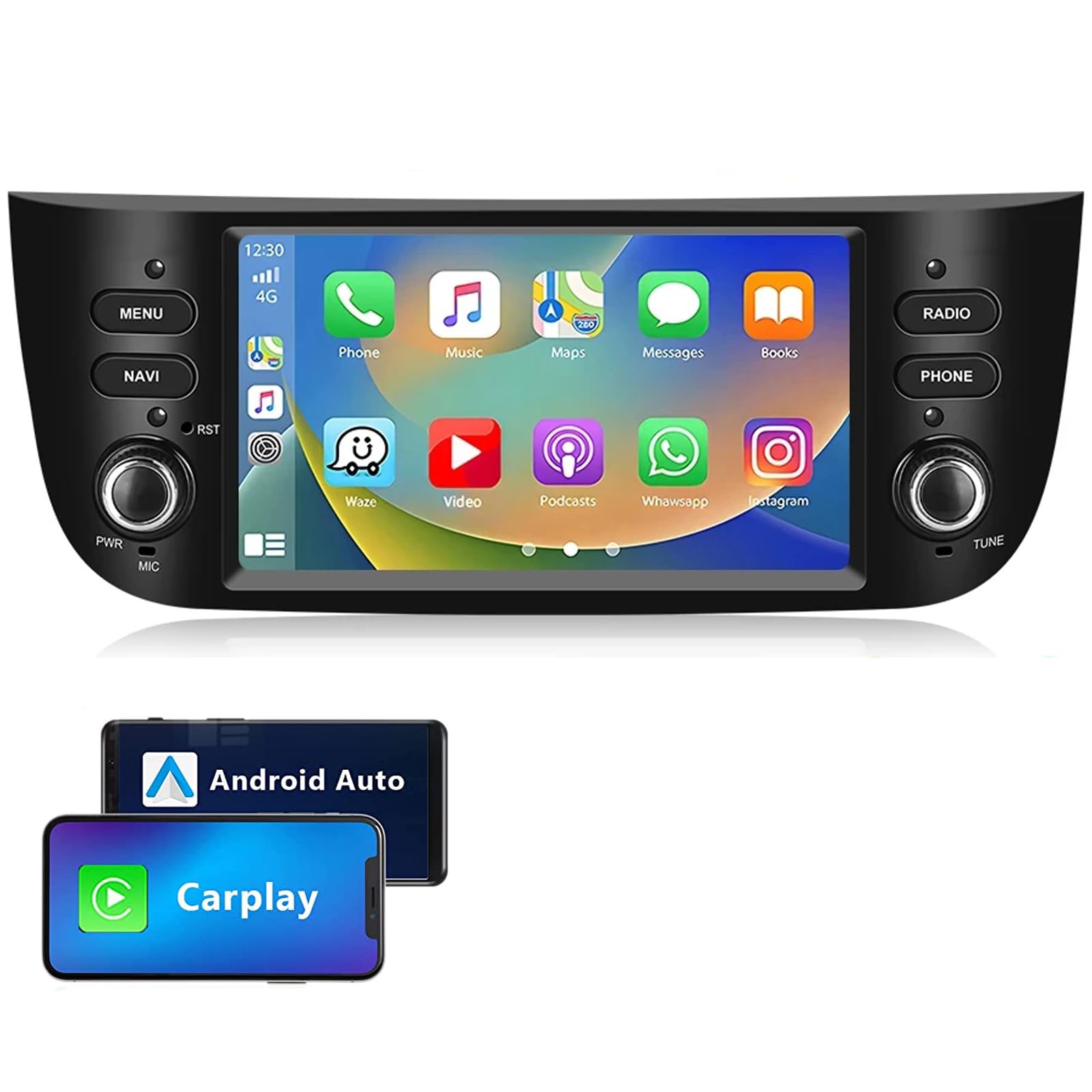 7 Pouces Double Din Carplay Android Auto Autoradio Compatible avec Fiat Punto Support Bluetooth/Mirror Link/GPS Navigation/SWC