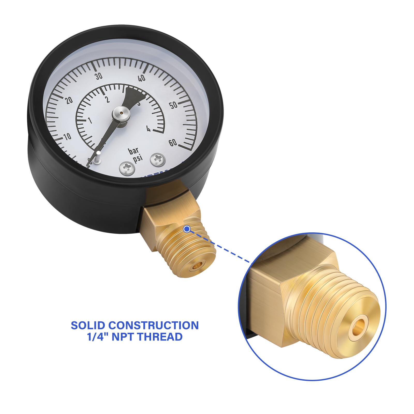 MEASUREMAN Juego de medidores de CO2 para barriles de cerveza, 0-60 PSI, escala doble, barra/PSI, esfera de 2 pulgadas, NPT de 1/4 pulgadas, montaje radial, caja de hierro negro, puntero de aluminio,