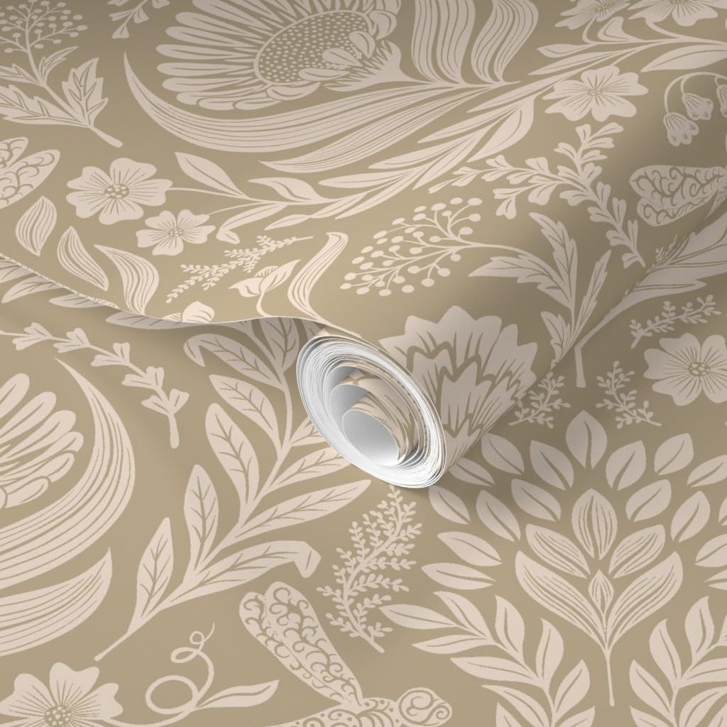 Removable Wallpaper Swatch - tan Damask,Victorian Whimsical,Neutral Damask,Dragonfly,maximalist Custom Pre-Pasted Wallpaper by Spoonflower