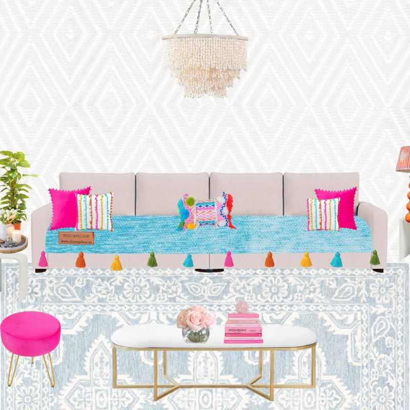 Image of Blue Sofa Cover 4 Seater Multicoloured Tassels: Sofa Slipcover: Thick Fabric, Anti-Slip, Stylish & Functional: Seat & Front Back Protection- Fits 4 Seater Sofa, Size: 130 x 230 CMS -1 Piece