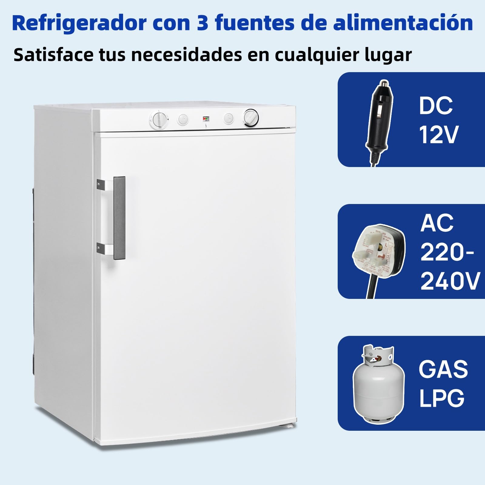 Smad Nevera Congelador Gas 100L, Propano 12V 230V, Nevera Camping Trivalente para Furgoneta Camper, Mobil Home, Garaje, Casas Rurales, Caravana, Puerta Reversible, Silencioso, Blanco