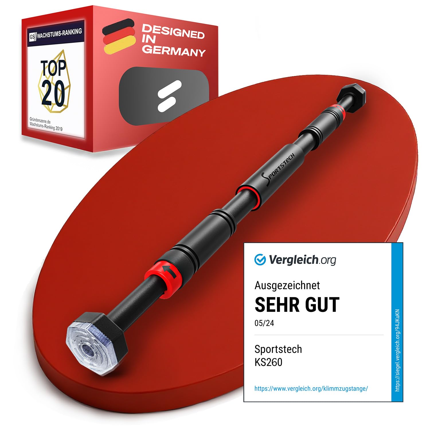 Sportstech KS260/270 Klimmzugstange Türrahmen ohne Schrauben, Pull Up Bar mit Gear-Lock Funktion bis 200 kg, Klimmzugstange Tür verstellbar 70-90 cm, Calisthenics, Reckstange, Sportgeräte Zuhause