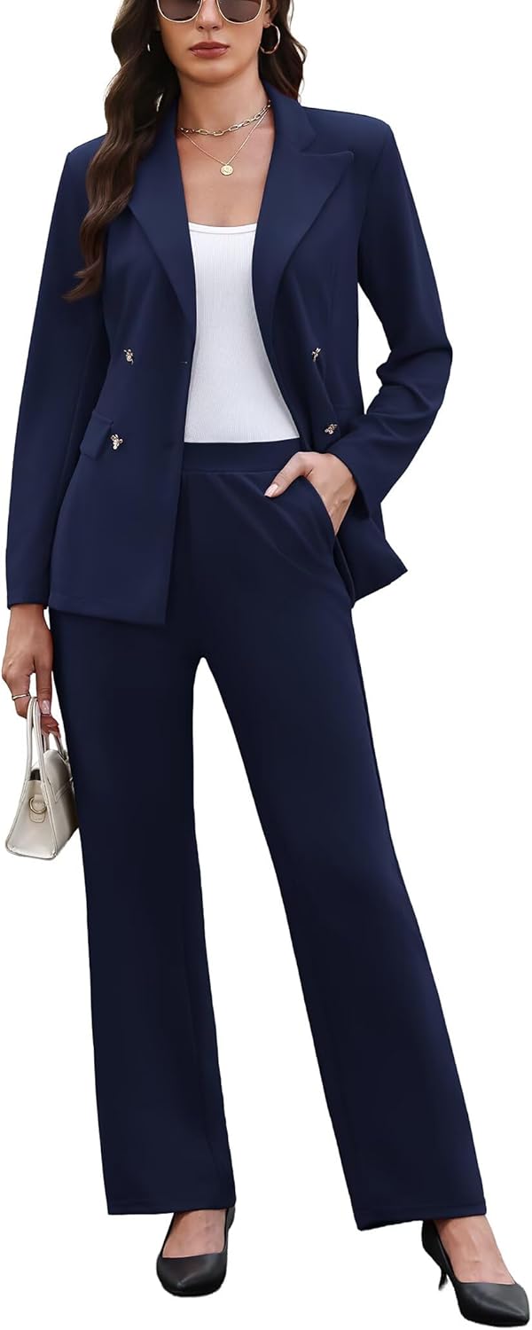 Pant Suits for Women Dressy Business Casual Outfits Long Sleeve Blazer Jacket Wide Leg Pant Sets Work Office Suits - Image 2