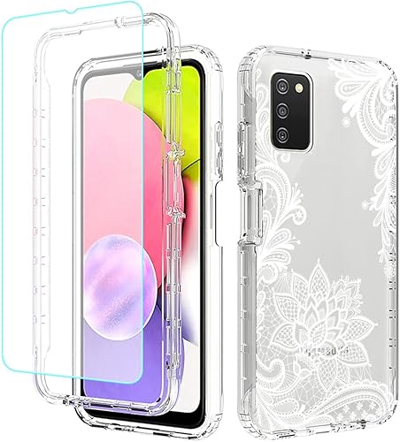 Funda para teléfono Galaxy A03S, Samsung A03S SM-A037U con protector de pantalla de vidrio templado, bonito patrón floral transparente de cuerpo