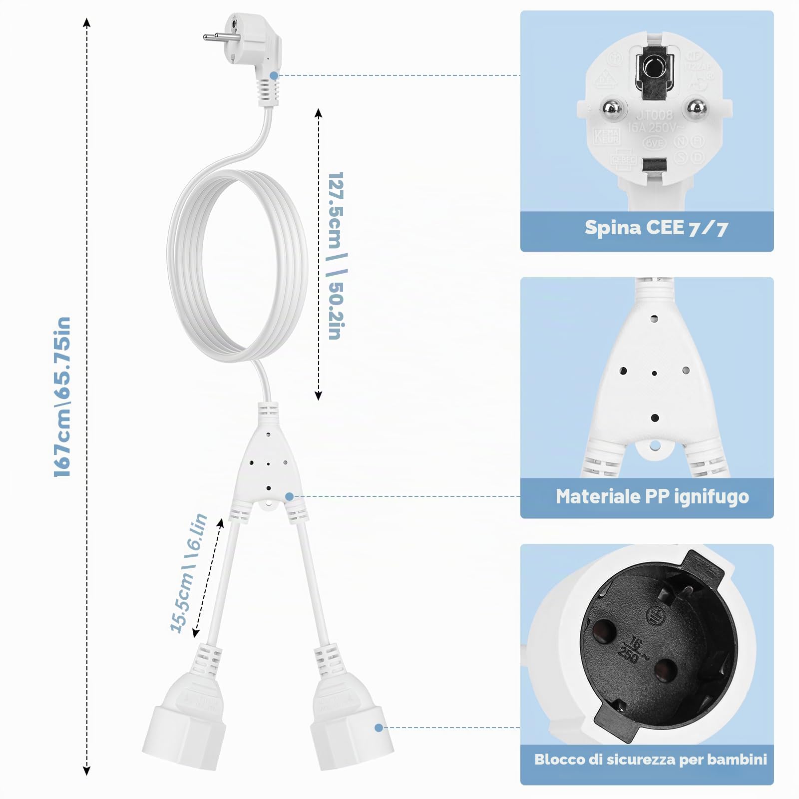 Adattatore 2 in 1, cavo di prolunga esterno con contatto di protezione, cavo di plastica AC, spina doppia per presa IP44, per casa, ufficio, esterno, fino a 250 V/16 A (Bianco)