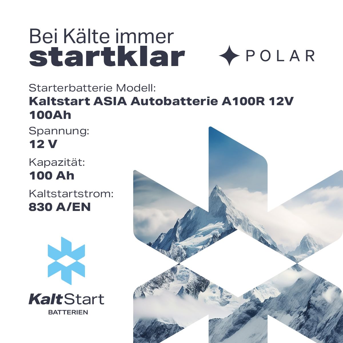 KaltStart Autobatterie 12V 100Ah 830A/EN ASIA Pluspol Rechts | 30% mehr Startleistung, ersetzt 95Ah
