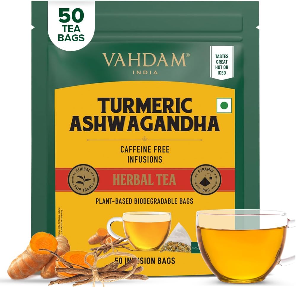 VAHDAM, Turmeric Ashwagandha Infusion Bags (50 Count) | Caffeine Free | Botanical Blend – Turmeric, Ashwagandha, Lemongrass, Black Pepper & Licorice | Resealable Ziplock Pouch