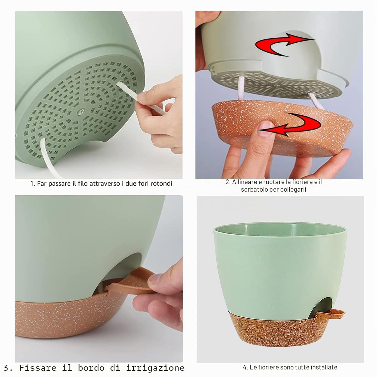 3Pack 30.5+25.4+22.86CM Vasi per piante autoinnaffianti per persone pigre, fioriera autoinnaffiante in plastica verde per tutte le piante d'appartamento, succulente, violette africane, fiori e cactus