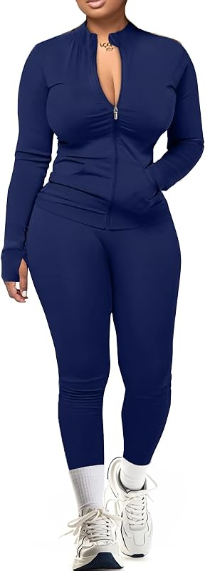 Conjunto de entrenamiento para mujer, chándal deportivo de 2 piezas para gimnasio | campera de manga larga con cremallera y tejido de yoga suave y mantecoso con 2 bolsillos y leggings de cintura alta con control de abdomen