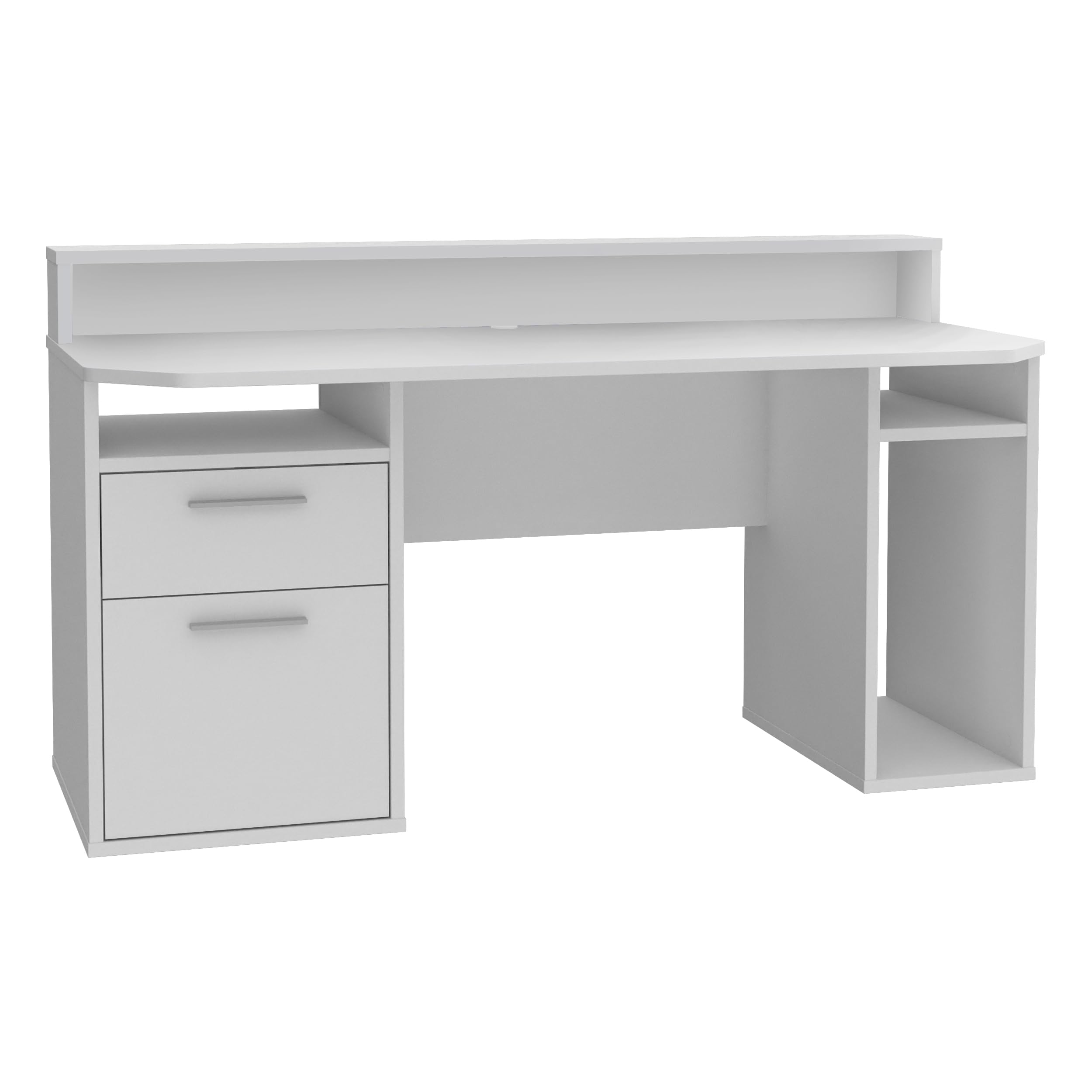 Forte Weiß Tezaur Schreibtisch 160; Moderner Schreibtisch Mit Schublade; Tür Und Vielen Fächern; Beleuchtung; Jugendzimmer; Büro; Gaming; Holzwerkstoff; ; 160 Cm Breit X 75;7 Cm Hoch X 72 Cm Tief