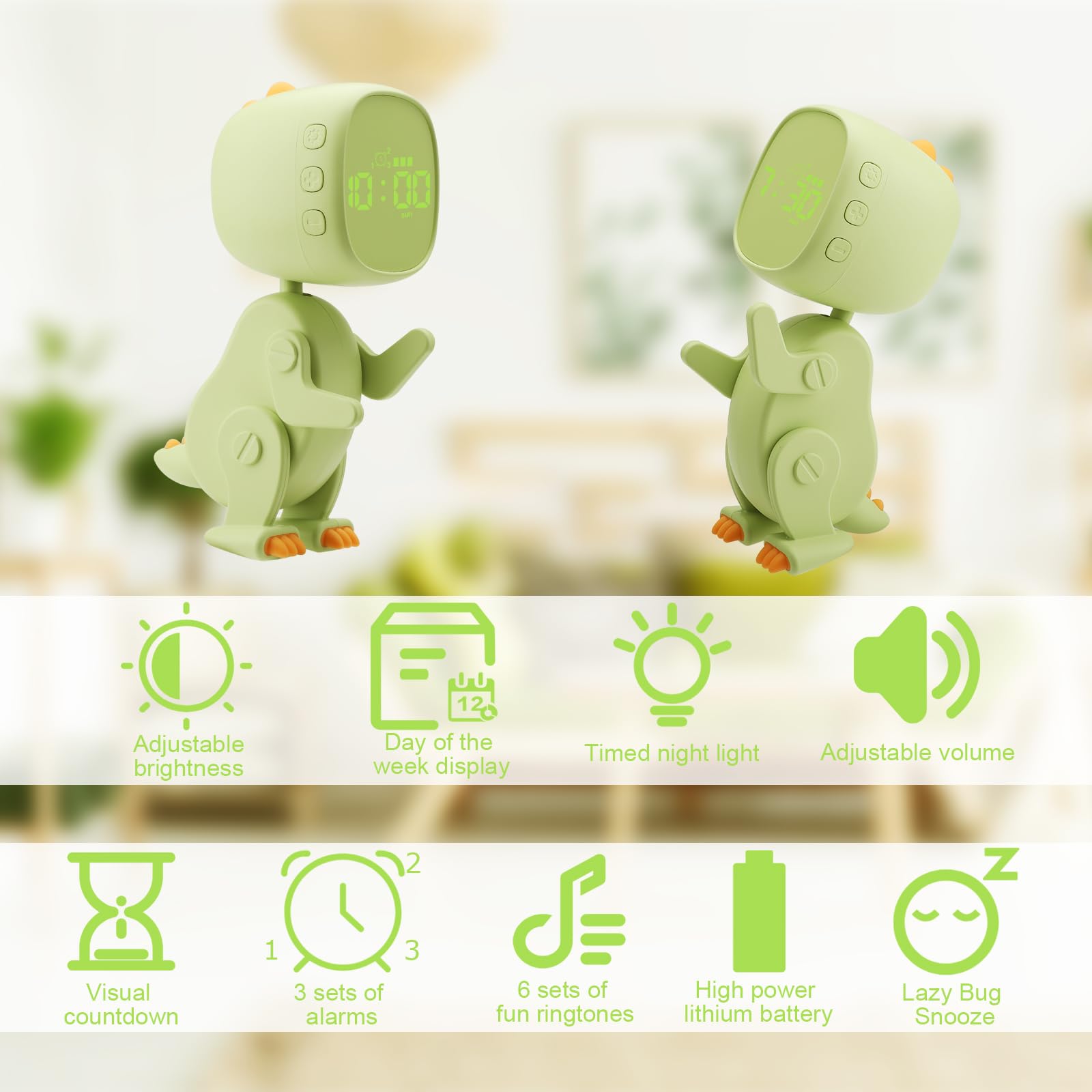 BRISKORE Despertador digital para niños sin tictac, despertador infantil, alarma infantil, reloj despertador con forma variable, repetición, temporizador nocturno, 6 despertadores, brillo y volumen