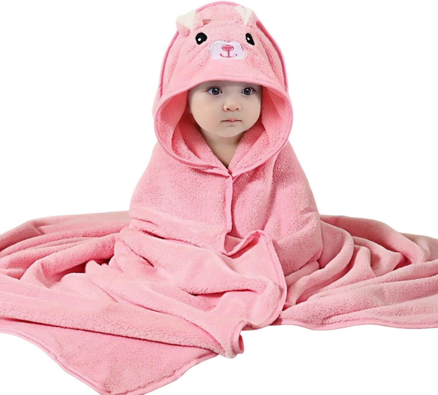 Juego de toalla de baño y paño de algodón orgánico con capucha para bebé, ultrasuave, 80 x 80 cm, esencial para recién nacidos con adorable diseño de conejo rosa, perfecto para bebés y niños