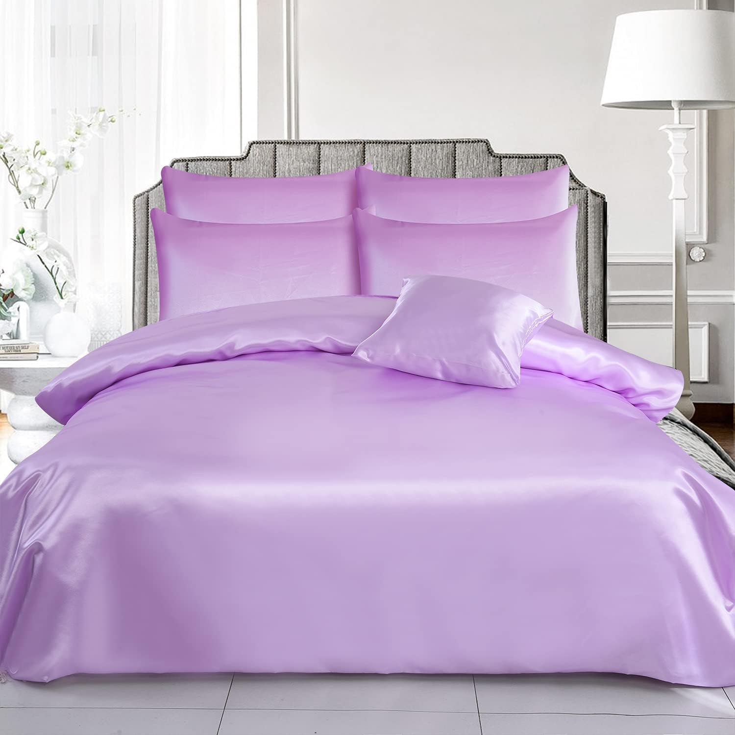 6-Piece Luxury Satin Duvet Cover Bedding Set Plain - Ultra Luxury Soft, Silky Bed Set Include (1xDuvet Cover, 1xFitted Sheet, 4xHousewife Pillow Case) (Double, Lilac)-(Same Day Dispatch)