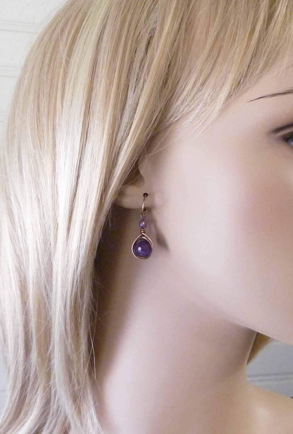 Pillar of Salt Studio Handcrafted Solid Copper Earrings with Dark Amethyst Gemstone (Antiqued Copper, 1" drop)