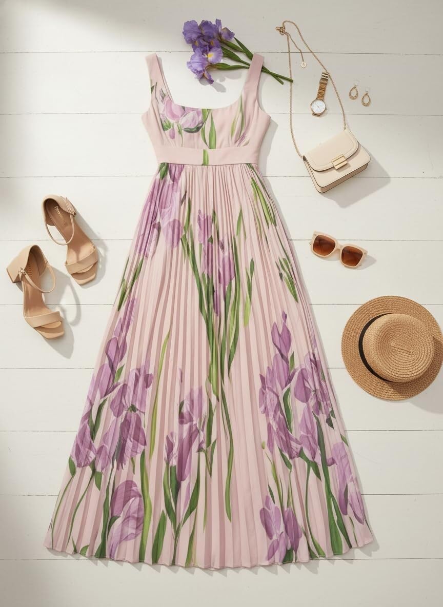 Generale Vestito Lungo a Fiori Donna Senza Maniche con Scollo Quadrato, Modello Fluido a Taglio A Elegante, Perfetto Come Abito Invitata Nozze per Primavera, Estate e Vacanze