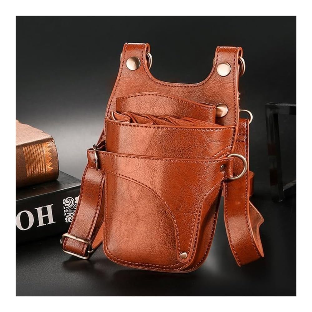 Custodia multifunzione in pelle PU marrone per forbici da parrucchiere, barbiere, forbici, custodia con cintura (marrone, 1 pezzo)