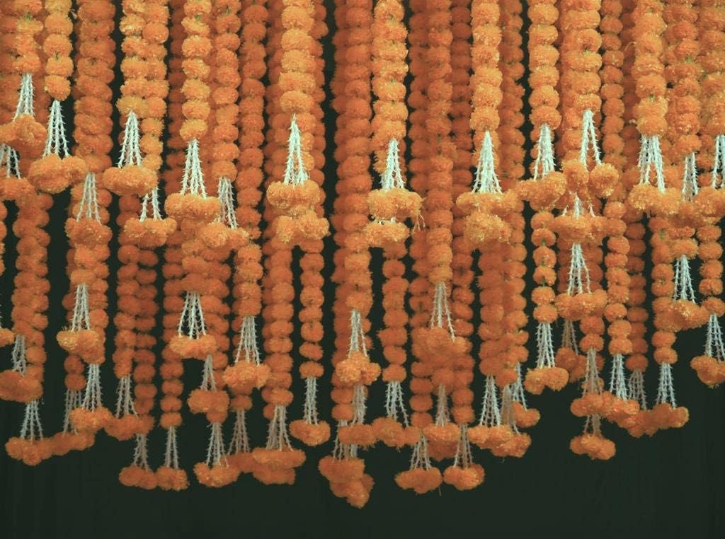 5 PC - 5 feet Orange Marigold Garland |Indian/American Wedding Party Mantle Decoration, Faux Garlands Wedding Garland, Diwali Decoration, Spring Bush Floral! Golden Yellow (Light Orange) 1