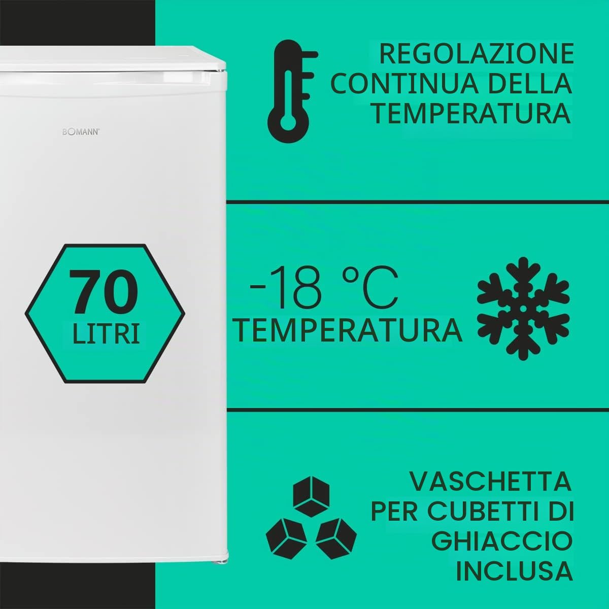 Bomann Congélateur 70L blanc GS195-1-blanc, Capacité utile : 70 litres, pose libre, Éclairage intérieur à LED, Température réglable, silencieux, economiquecongélateur Autoportante E