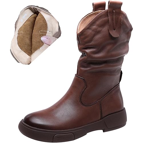 Keilinia Women's Leather Pull-On Cowboy Boots,Fall/Winter Comfy Waterproof Non-slip Softsole Casual Dress Oxford Mid-calf Boot