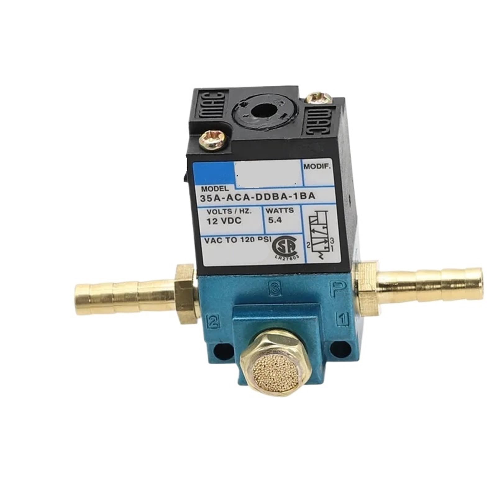 Électrovanne MAC 3 voies 12V 35A-ACA-DDBA-1BA avec raccords 6mm et silencieux en laiton