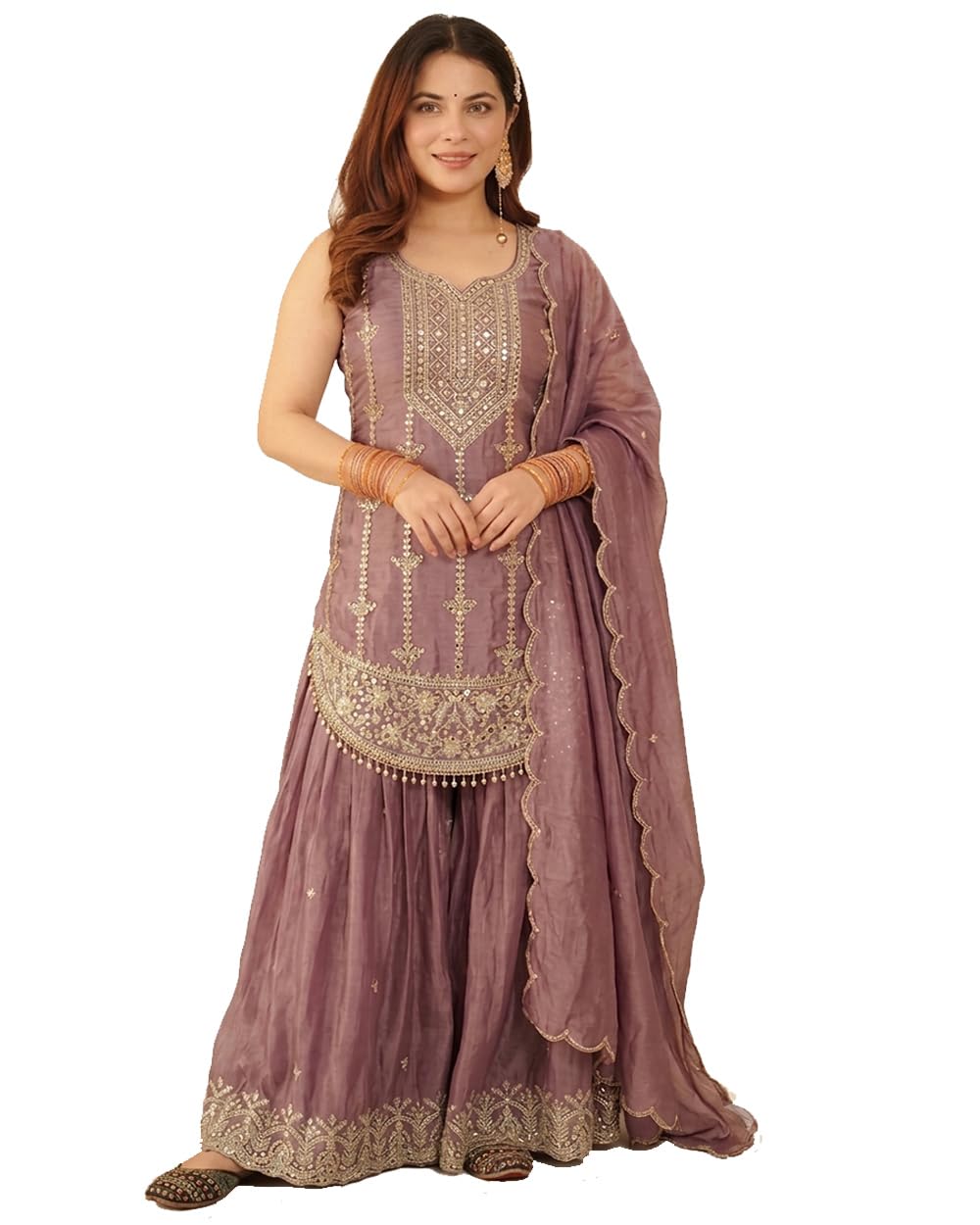 Women's Premium Heavy Fendy Silk Embroidered Short Kurti,Flared Sharara Palazzo&Dupatta Set |Designer Dusty 3-Piece Festive Party Suit with 5mm Sequence Embroidery Work-image-6