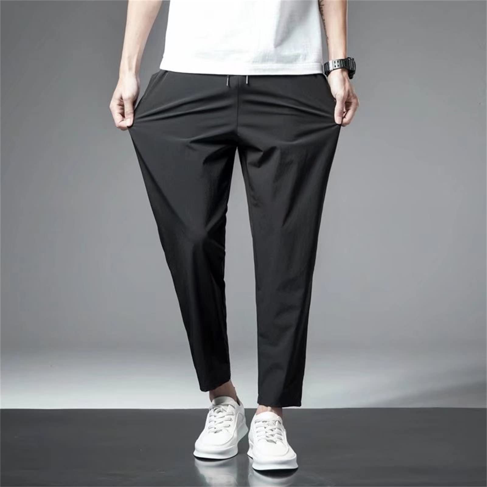 Mens Loose Fit Stretch Pant Classic Casual Tapered Suit Pant Solid Color Lightweight Business Trousers Streetwear (Black,XX-Large)