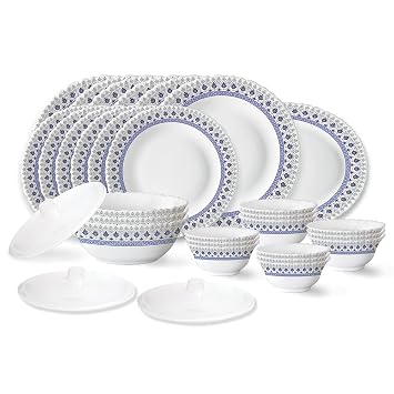 Larah by Borosil Ocean Fluted Series Opalware Dinner Set | 31 Pieces for Family of 6 | Microwave & Dishwasher Safe | Bone-Ash Free | Crockery Set for Dining & Gifting | Plates & Bowls | White