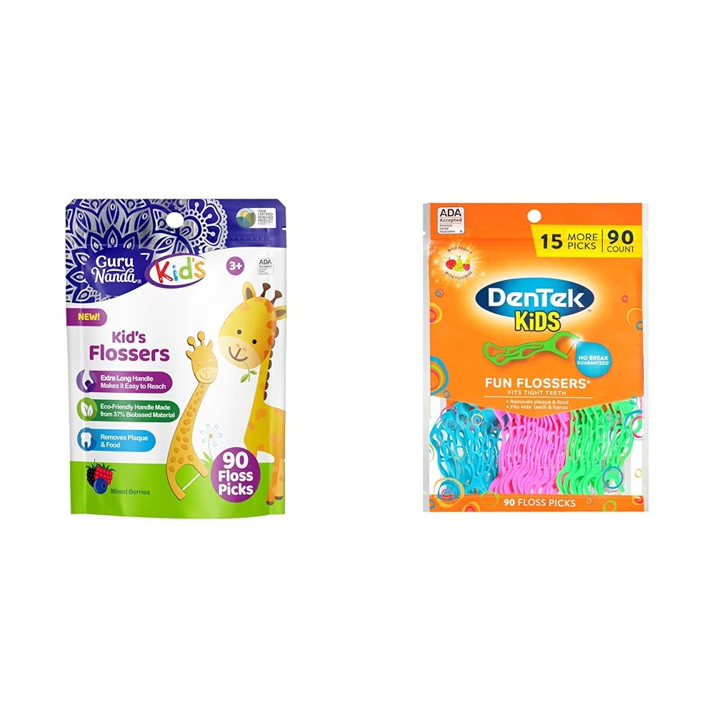 GuruNanda 90 Count Giraffe Kids Floss Picks DenTek 90 Count Wild Fruit Kids Flossers Bundle