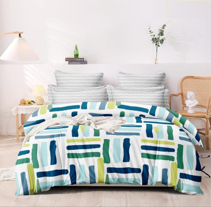 NEW LEAF Printed Super Soft Light Weight 4 Pcs Bedding Set 1 Double Bedsheet 2 Pillow Covers Along with Comforter- Light Weight Comforetr/Ac Blanket/Quilt - King, 220 GSM | White Green & Blue