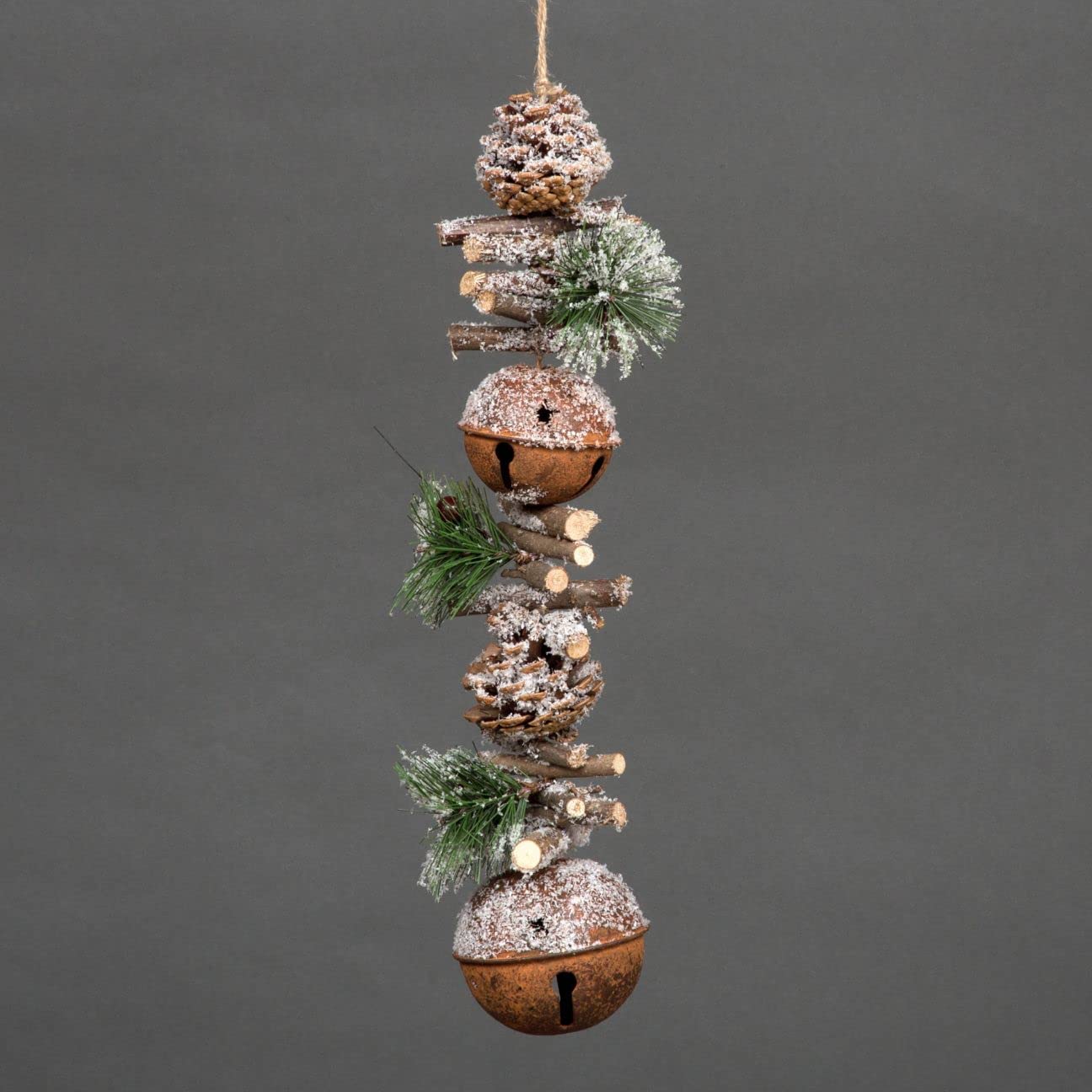 Shatchi Rustic 50Cm Garland With Jingle Bells Wooden Sticks, Berries And Pinecones Christmas Home Wall Door Hanger Sleigh Bells Xmas Holiday Hanging Decorations