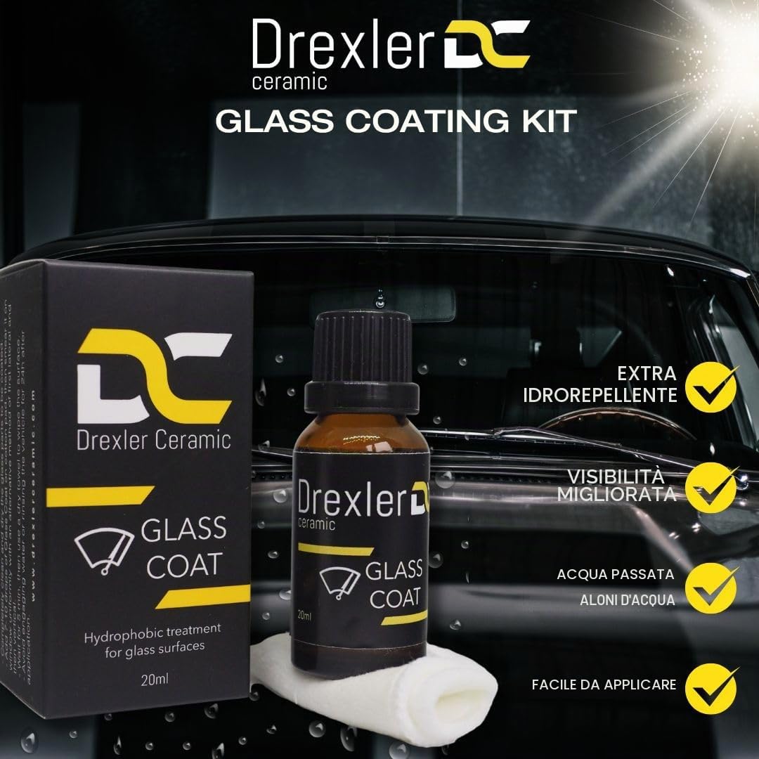 Glass Coat 20ml – Rivestimento Ceramico per Parabrezza e Finestrini | Protezione Idrorepellente, Migliorata visibilità e Resistente all'Acqua per Parti in Vetro