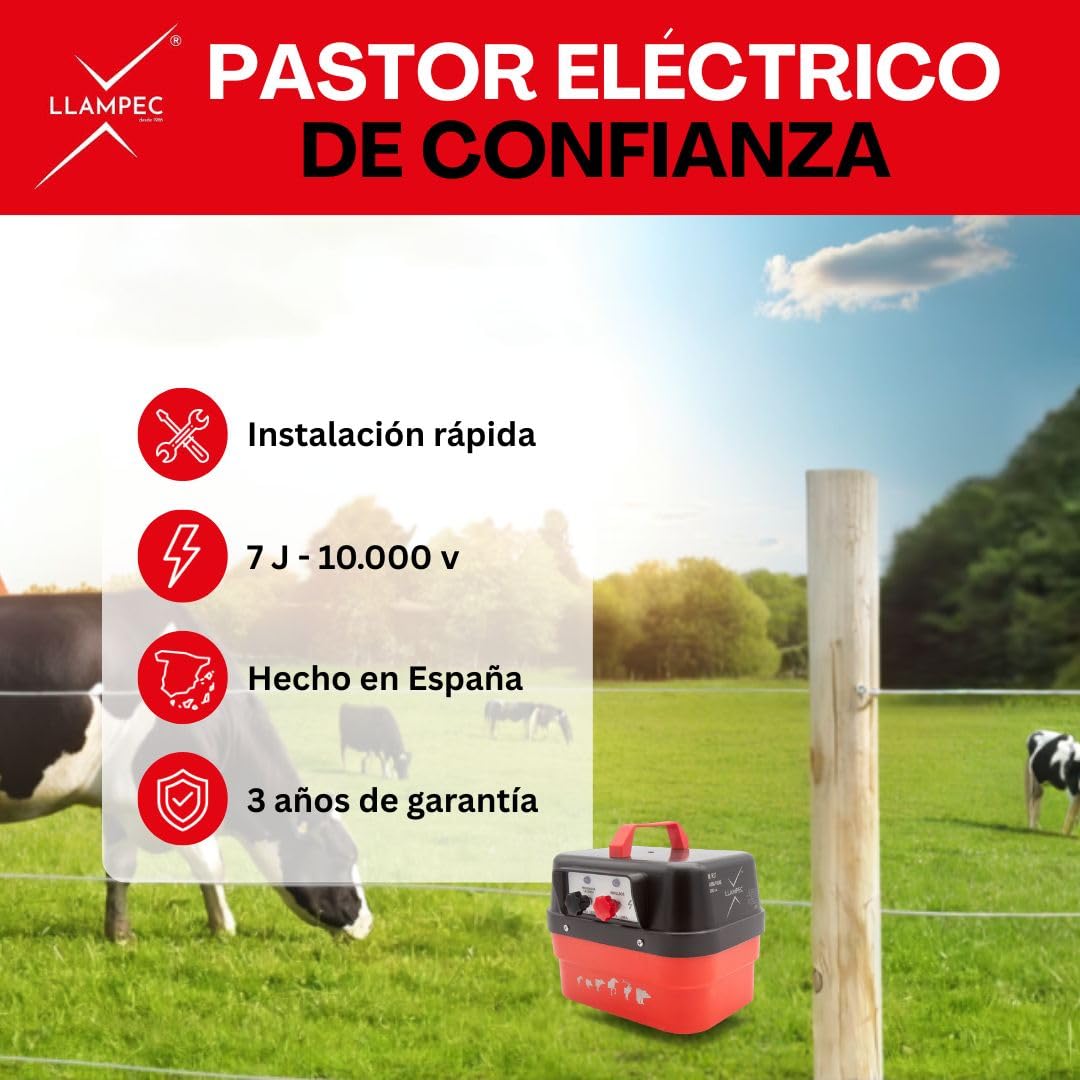 Pastor eléctrico Llampec Mod.R17 con conexión a red 230V – 7 J, 10.000 V y 115 km de alcance – Ideal para ganado equino, vacuno, porcino, ovino y animales salvajes – Fabricado en España