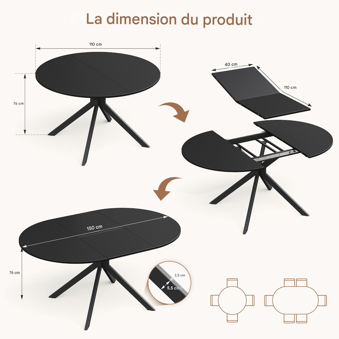 APICIZON Table Ronde Extensible, Table a Manger Ronde pour 4 à 6 Personnes