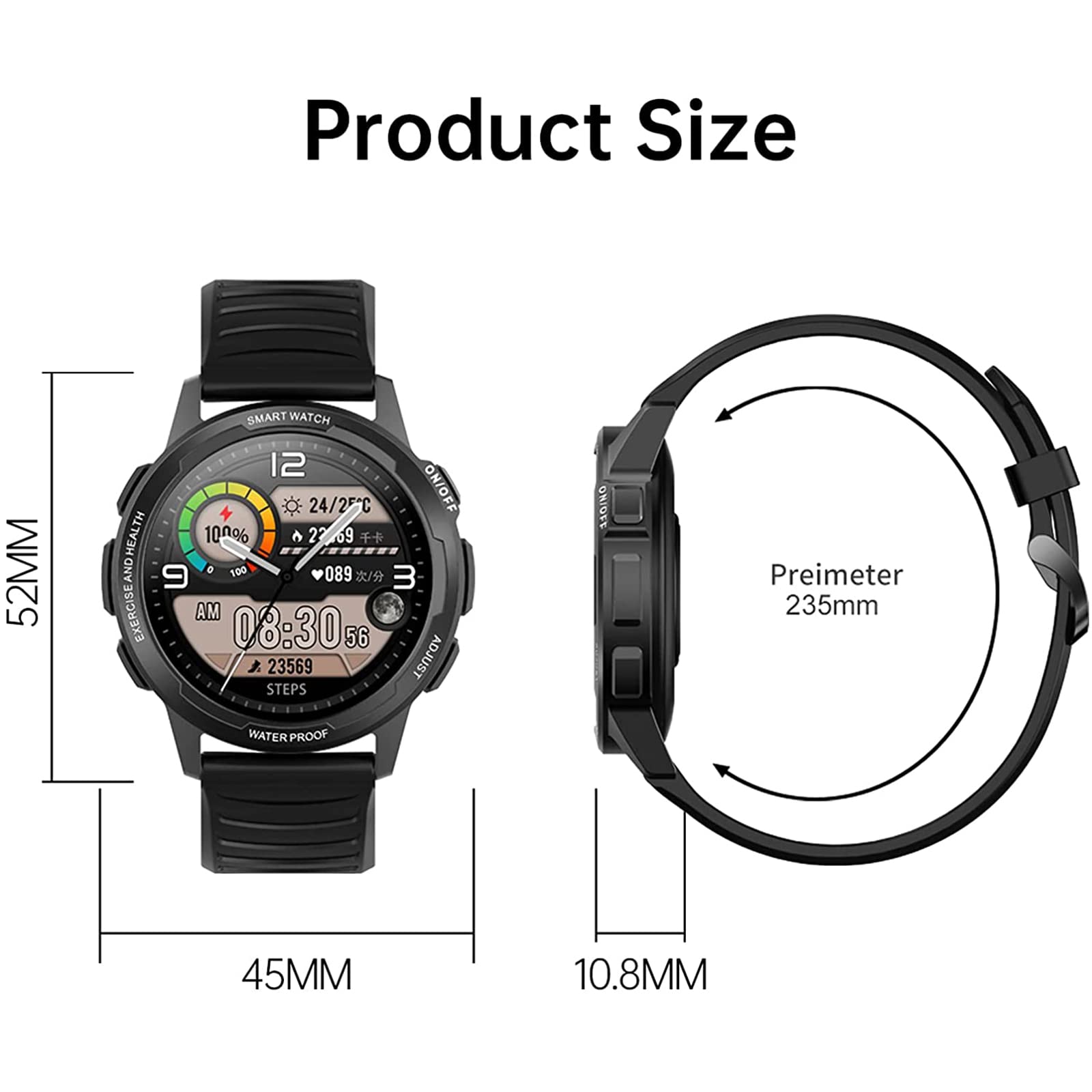 Smartwatch kompatybilny z IOS & Andriod, wodoodporny smartwatch IP68 3.4 cm dla mężczyzn i kobiet z pulsometrem, monitor aktywności z 24 trybami sportowymi, liczba kalorii odległości kroków, czarny
