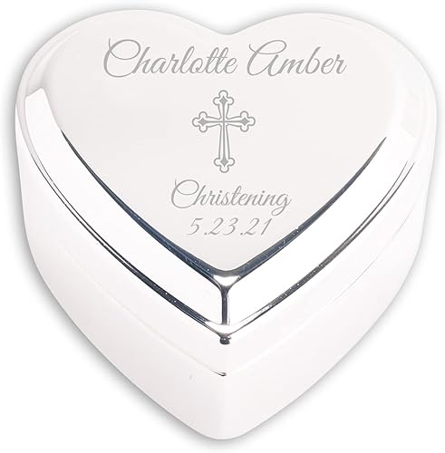 Joyero de corazón personalizado con cruz grabada personalizada y nombre para regalo de bautizo de bebé para niñas tono plateado