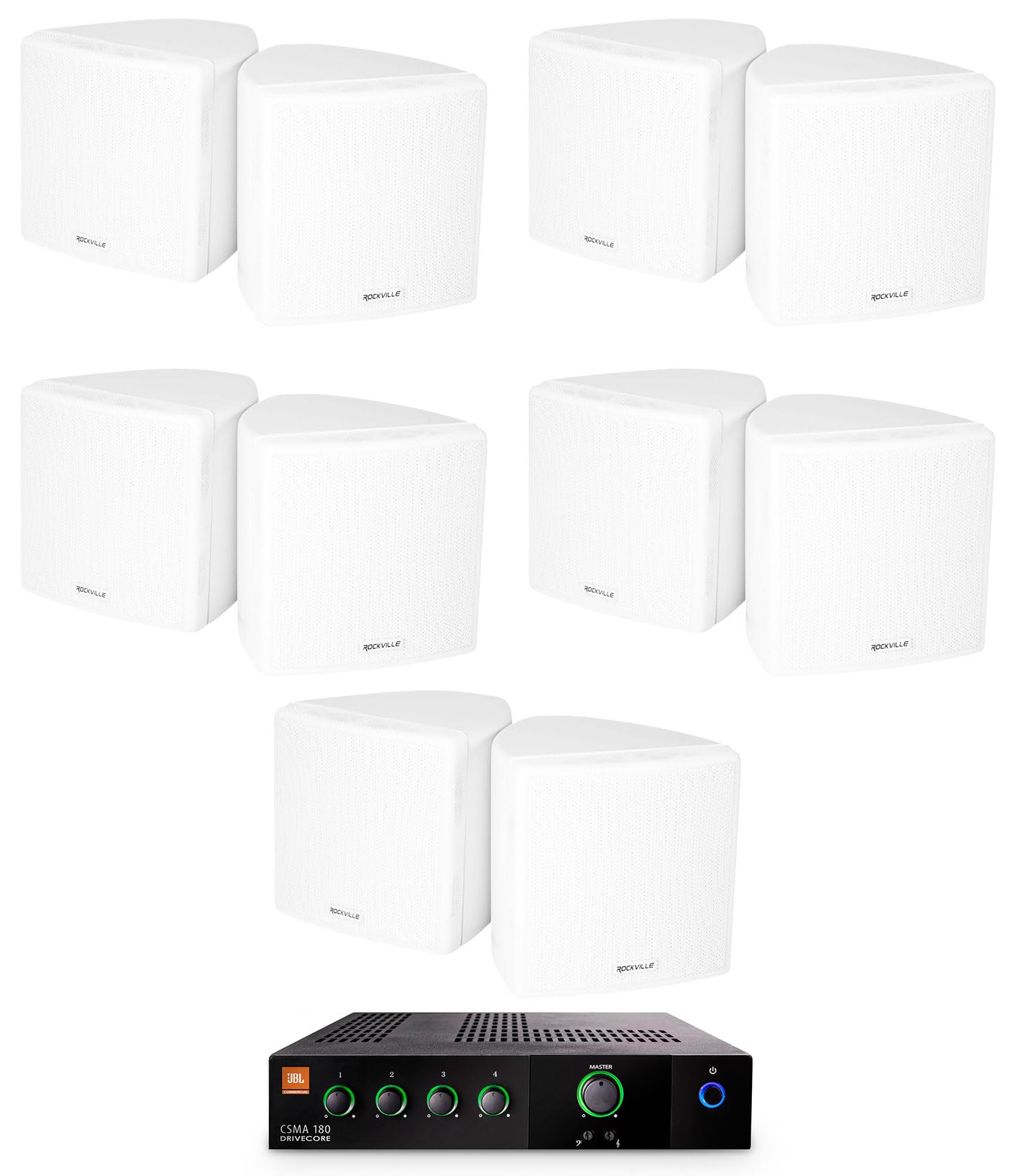 Audiosavings Bundle: (1) JBI CSMA180 80w Commercial 70v Amplifier Mixer For Restaurant/Bar/Cafe Bundle with (5) Cube by Rockville Pair of 3.5