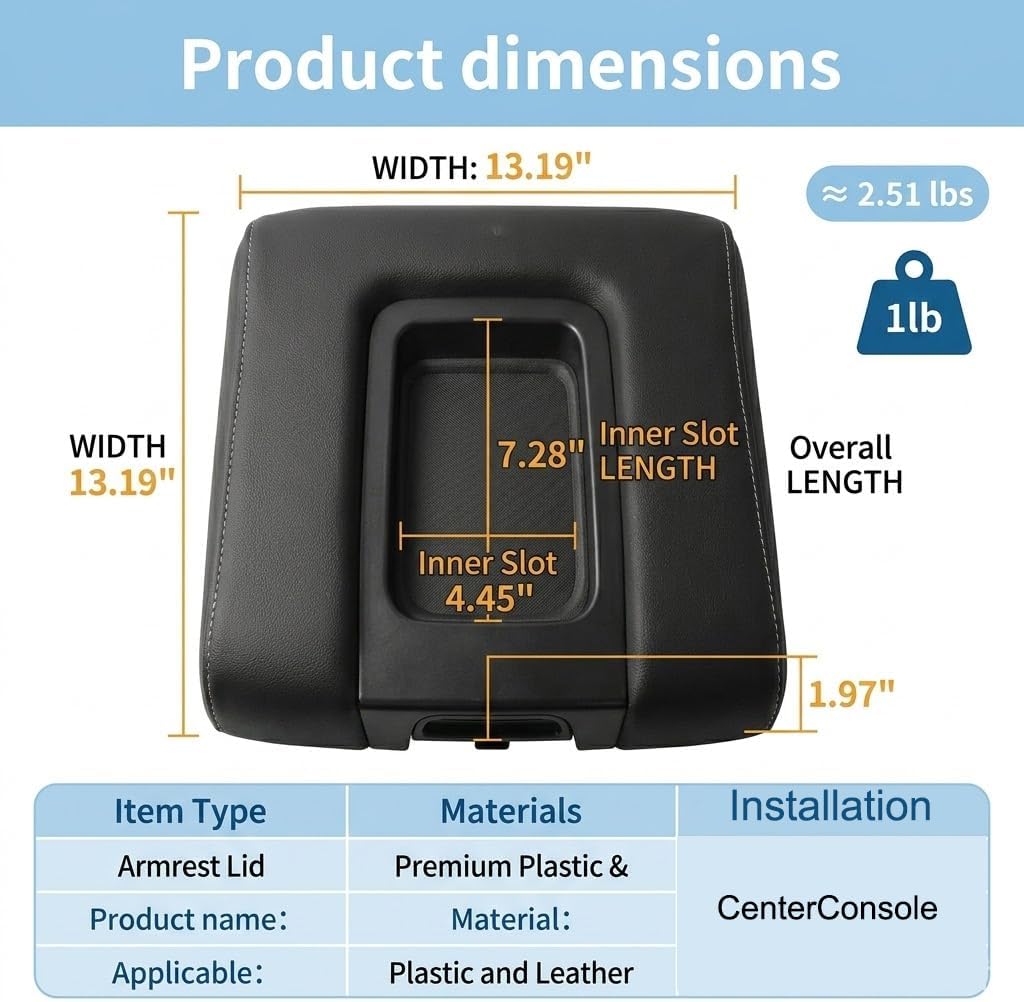 Center Console Armrest Lid Cover with Liner Mat Compatible with Chevy Silverado GMC Sierra 1500 2500HD 3500HD 2014-2019, Tahoe, Suburban, Yukon, Escalade, Black Replaces 22881398