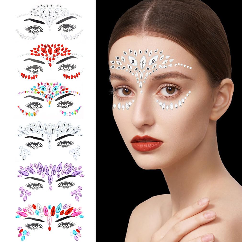 Face Gems Glitter,6 Pcs Face Glitter Festival Face Stickers Set,Adhesive Glitter Jewel Tattoo Sticker Glitter Rhinestone Eyes Body Temporary Tattoo Face for Women Girls Festival Party