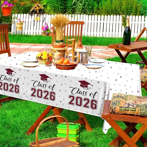Image of 2026 Graduation Decorations,Congrats Grad Tablecloth 2pcs White Maroon Class of 2026 Table Covers Rectangle for Graduation Party Supplies,108x54inch (Maroon)
