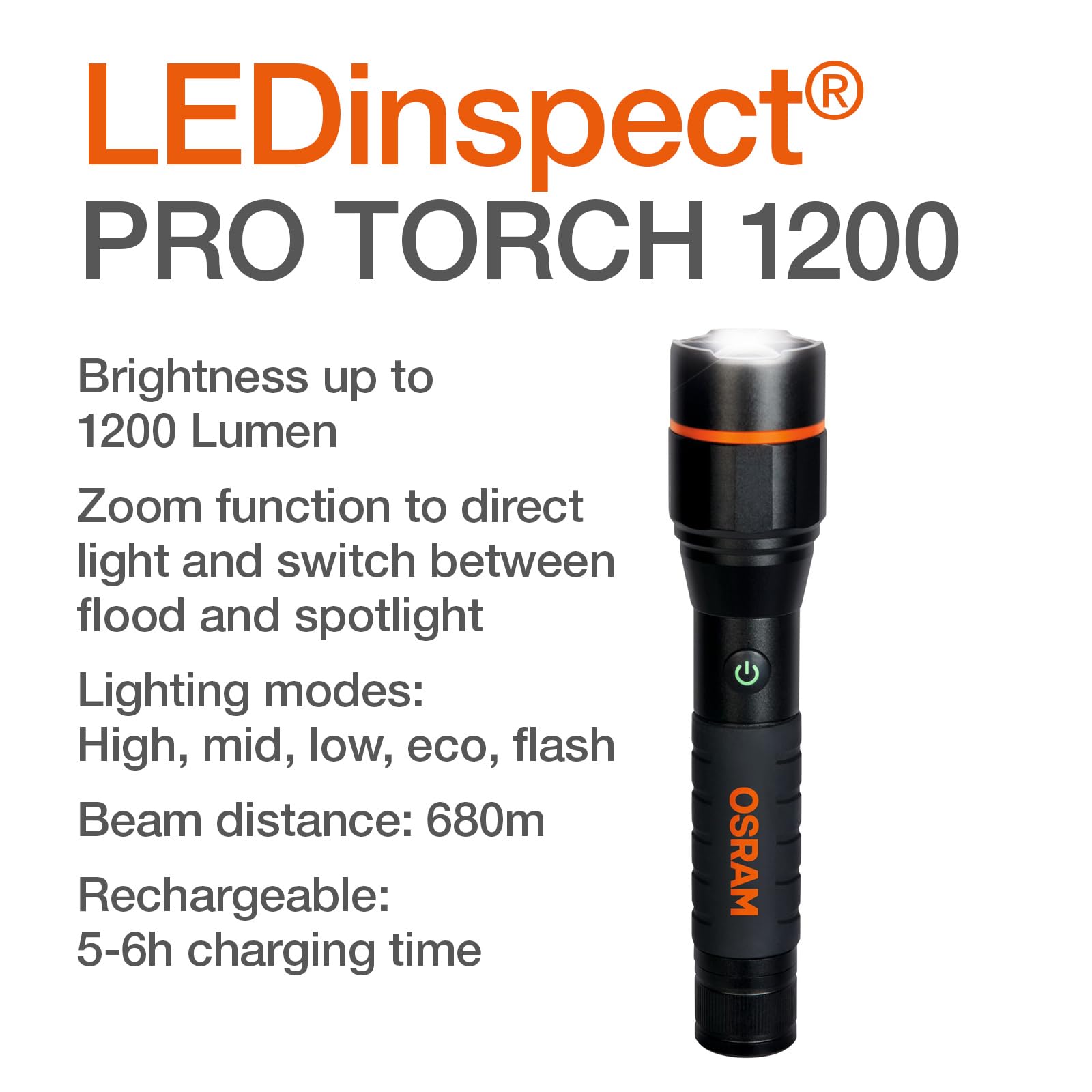 OSRAM LEDinspect PRO TORCH 1200, rechargeable LED inspection torch, zoom function, 1200lm brightness, 6000K, 5 light modes - Image 2