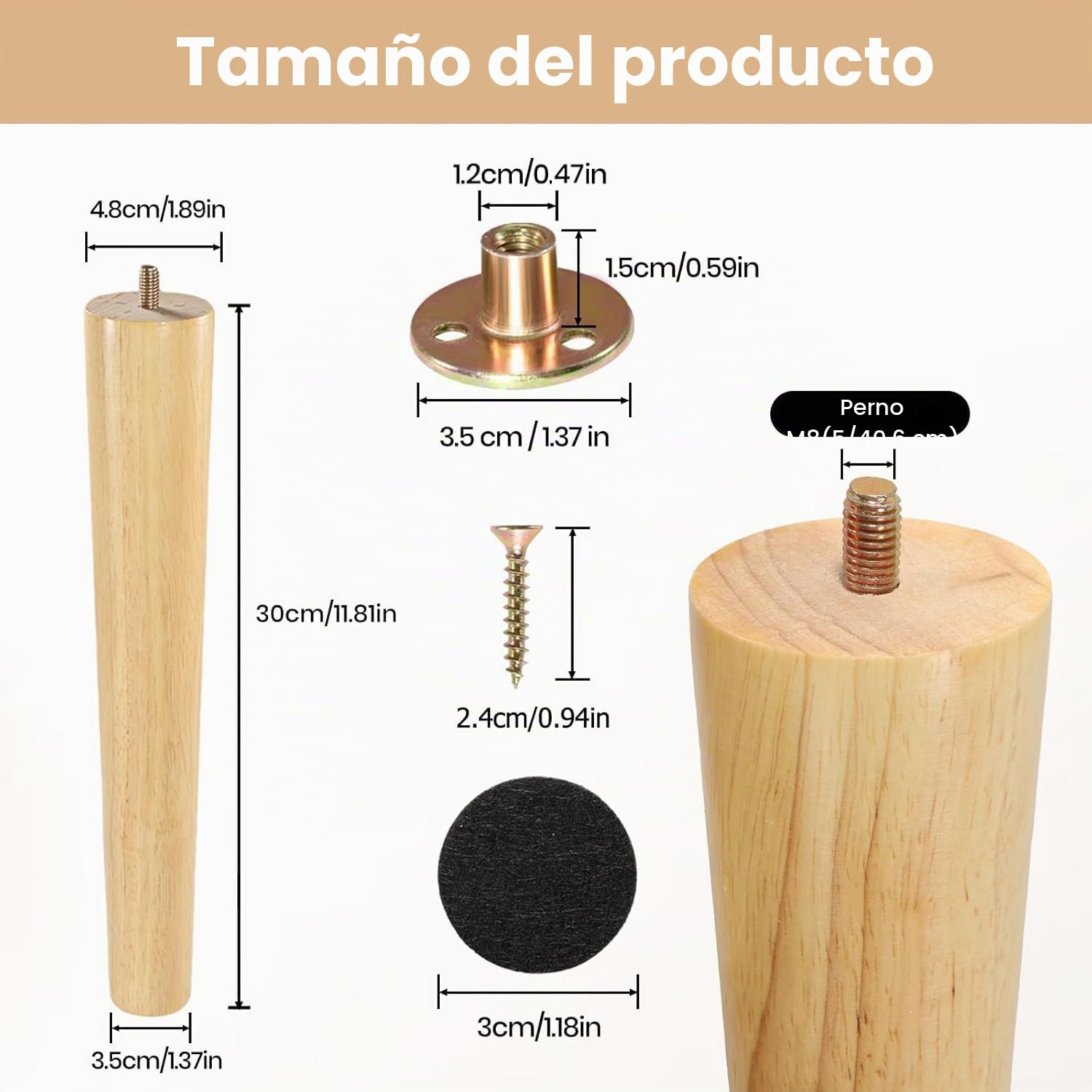 4 Patas para Madera 30cm con Placa – Soporte Firme para Muebles | Patas Madera con Placa y Goma Antideslizante,Fáciles de Montar,Perfectas para Sofá,Banco,Silla,Escritorio,Armario y Mesa
