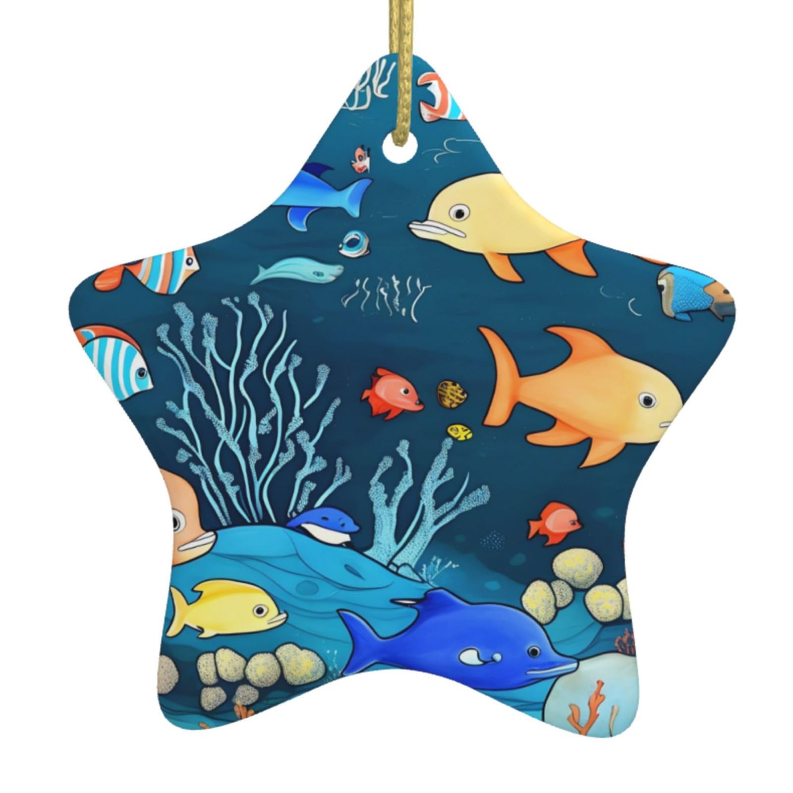 Blue Underwater World of Fish Christmas Ceramic Star Pendant with Punched Holes and Gold Wire Rope, Christmas Tree Home Decoration