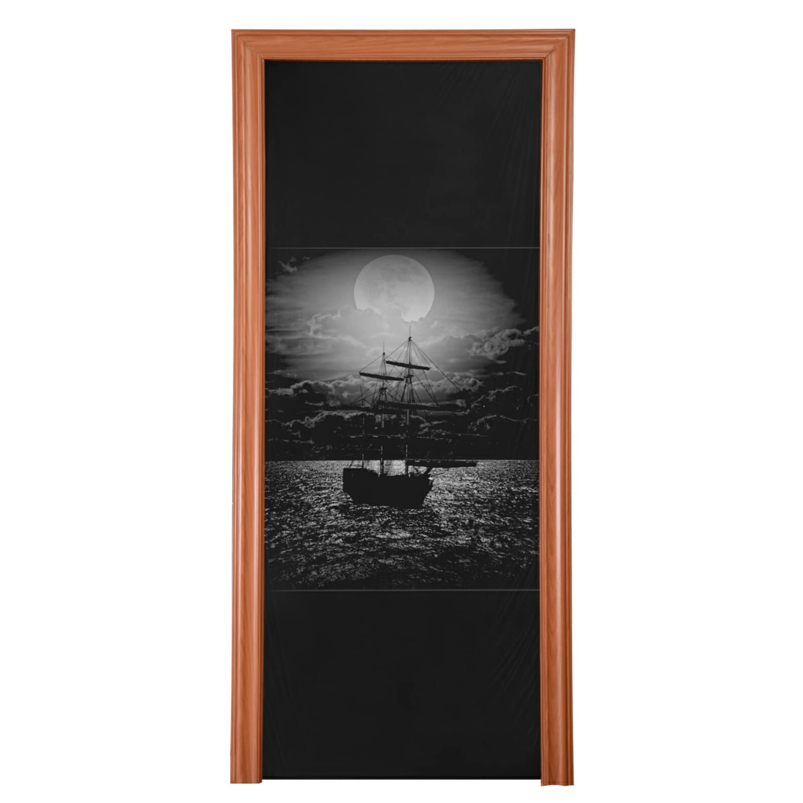 Lonely Sailboat in The Sea Against Full Moon Cloud Dark Pattern Door Cover, Washable Fabric Durable Door Decoration Silk Microfiber for Front Door Porch Home Indoor Outdoor Party 36x98 inches
