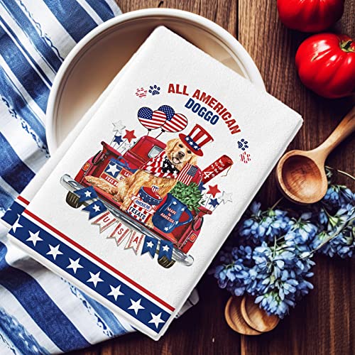 Bicabbagy 4Th Of July Kitchen Towels Dish Towels, Red Truck Dog American Flag Stars Patriotic Seasonal Décor Hand Towels 18X27.5 Inch #TOP3